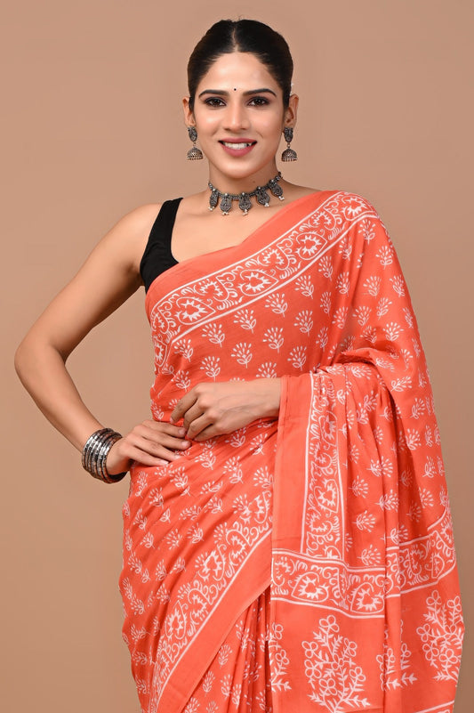 Rajasthan Fabric Printed Pure Cotton Mulmul Saree With Blouse