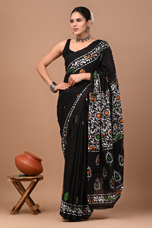 Rajasthan Fabric Printed Pure Cotton Mulmul Saree With Blouse