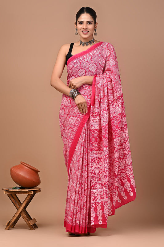 Rajasthan Fabric Printed Pure Cotton Mulmul Saree With Blouse