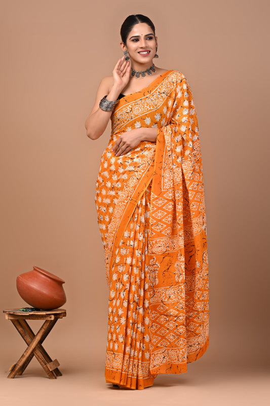 Rajasthan Fabric Printed Pure Cotton Mulmul Saree With Blouse