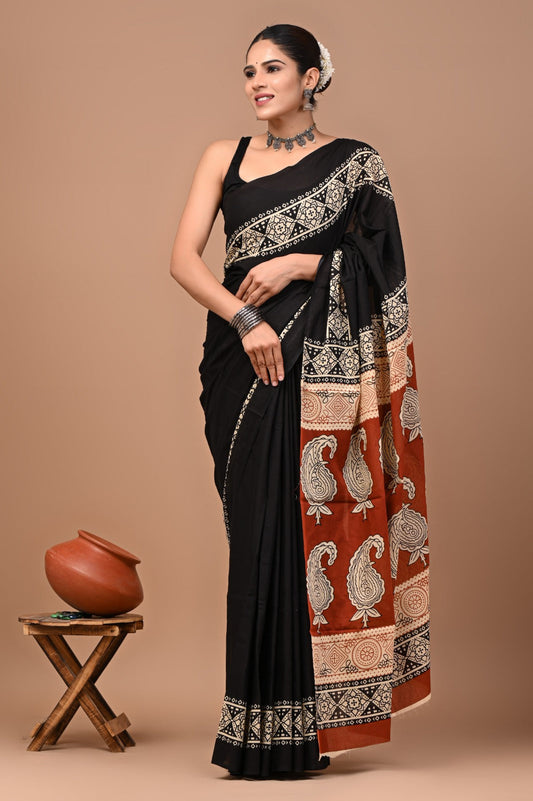 Rajasthan Fabric Printed Pure Cotton Mulmul Saree With Blouse