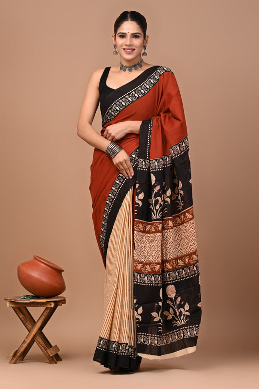 Rajasthan Fabric Printed Pure Cotton Mulmul Saree With Blouse