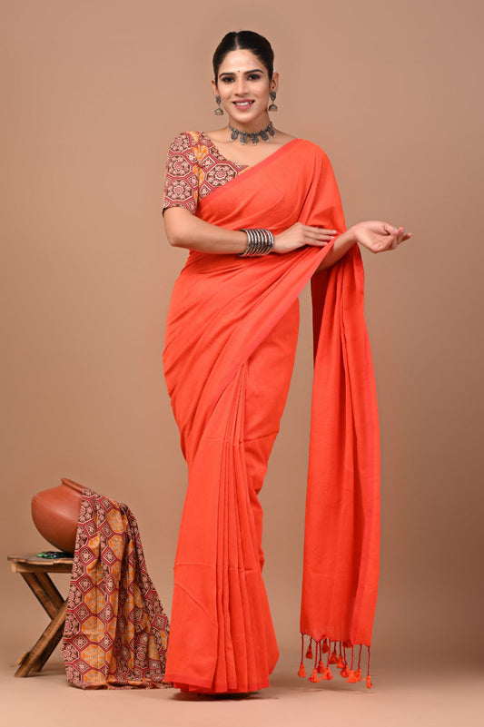 Handloom Cotton Saree With Printed Blouse