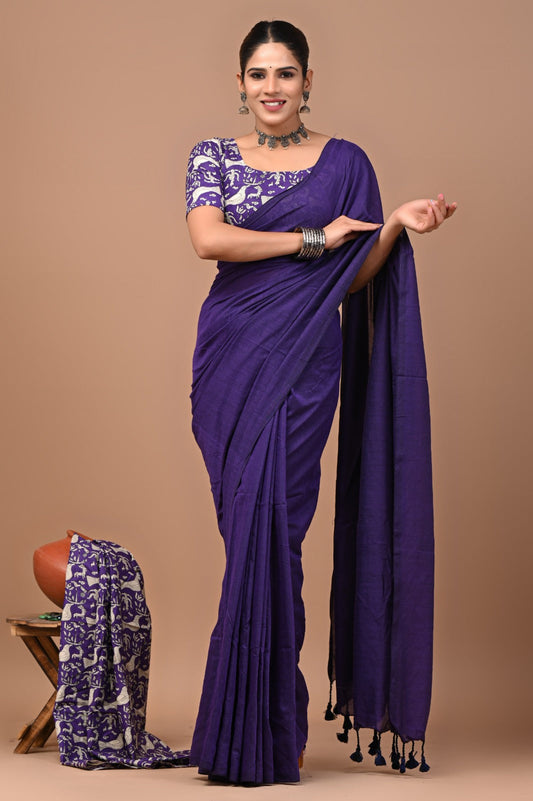 Handloom Cotton Saree With Printed Blouse