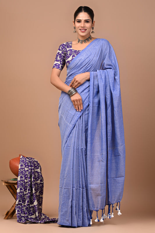 Handloom Cotton Saree With Printed Blouse