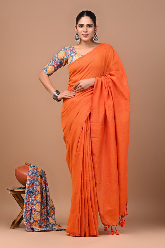 Handloom Cotton Saree With Printed Blouse