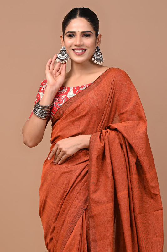 Handloom Cotton Saree With Printed Blouse