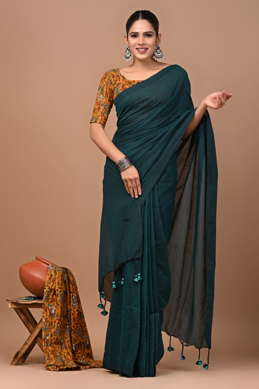 Handloom Cotton Saree With Printed Blouse