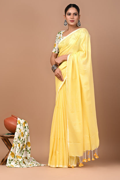 Handloom Cotton Saree With Printed Blouse