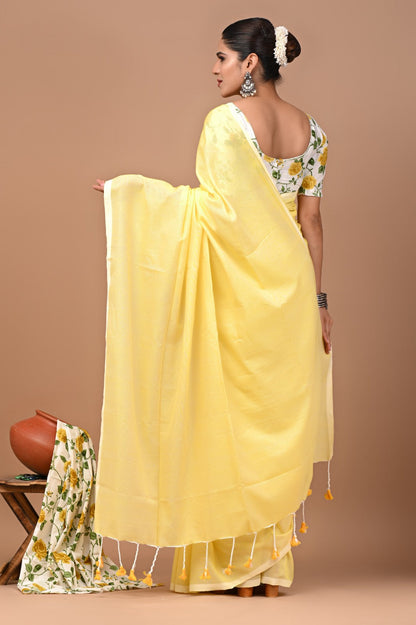 Handloom Cotton Saree With Printed Blouse