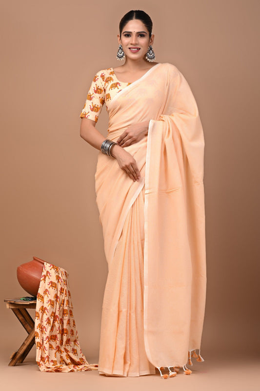 Handloom Cotton Saree With Printed Blouse