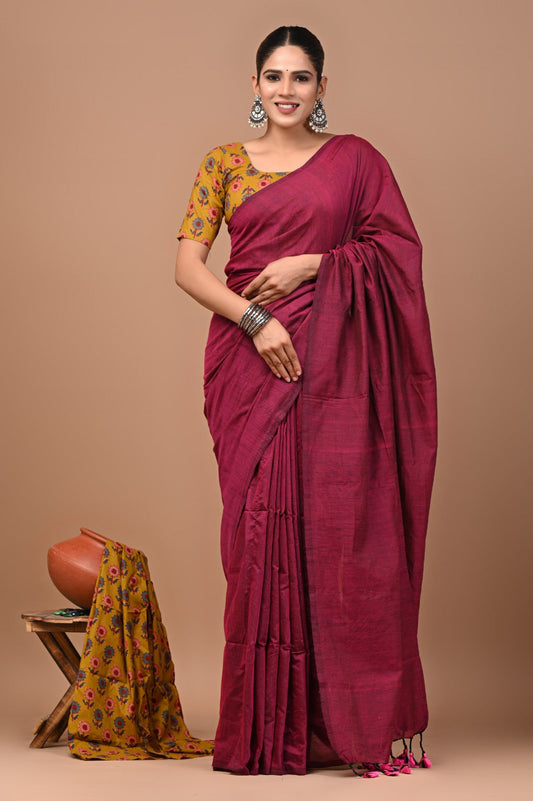 Handloom Cotton Saree With Printed Blouse