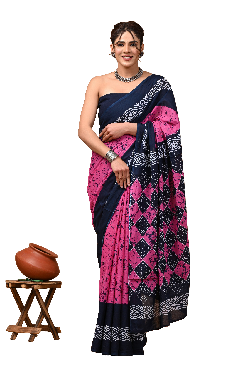 Jaipuri Printed Pure Cotton Mulmul Saree With Blouse