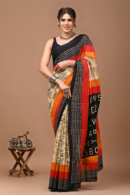 Printed Pure Cotton Mulmul Saree With Blouse