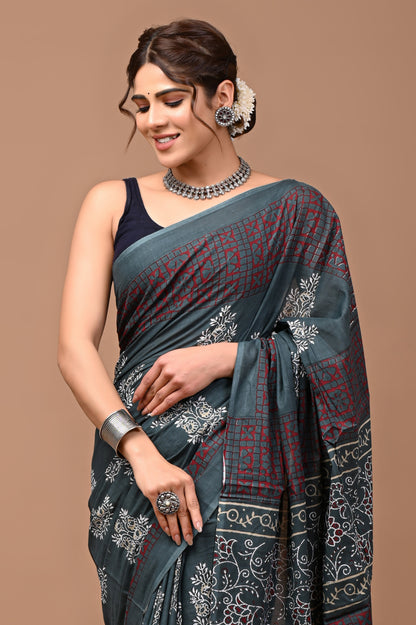 Printed Pure Cotton Mulmul Saree With Blouse