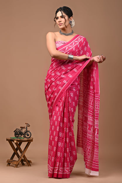 Printed Pure Cotton Mulmul Saree With Blouse