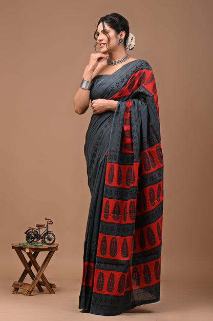 Printed Pure Cotton Mulmul Saree With Blouse