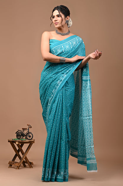 Printed Pure Cotton Mulmul Saree With Blouse