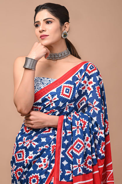 Printed Pure Cotton Mulmul Saree With Blouse