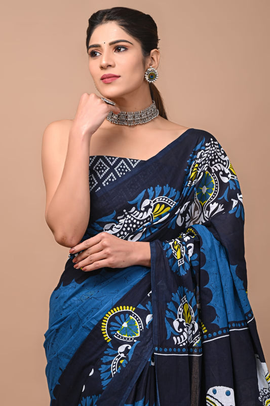 Printed Pure Cotton Mulmul Saree With Blouse