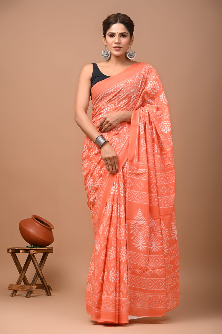 Printed Pure Cotton Mulmul Saree With Blouse