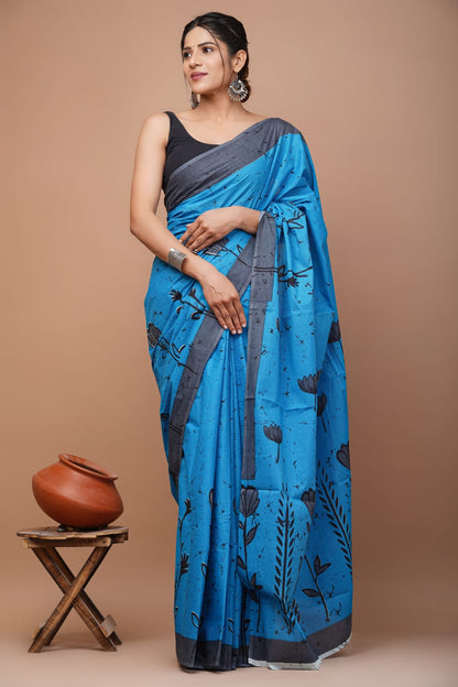 Printed Pure Cotton Mulmul Saree With Blouse