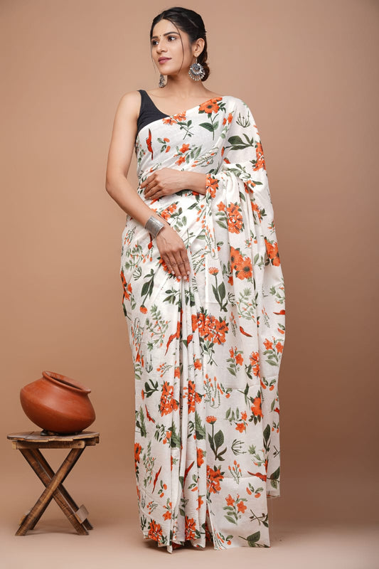 Printed Pure Cotton Mulmul Saree With Blouse