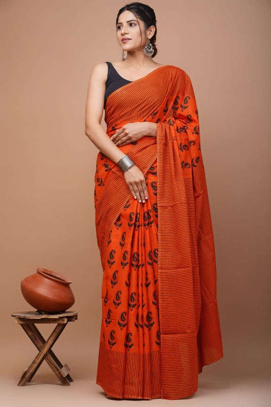 Printed Pure Cotton Mulmul Saree With Blouse