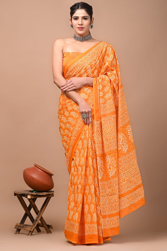 Printed Pure Cotton Mulmul Saree With Blouse