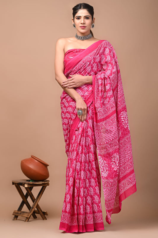 Printed Pure Cotton Mulmul Saree With Blouse