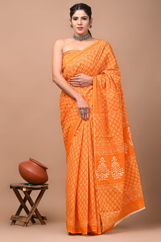 Printed Pure Cotton Mulmul Saree With Blouse