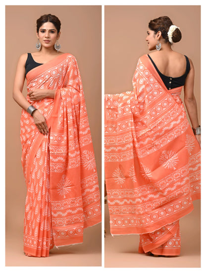 Printed Pure Cotton Mulmul Saree With Blouse