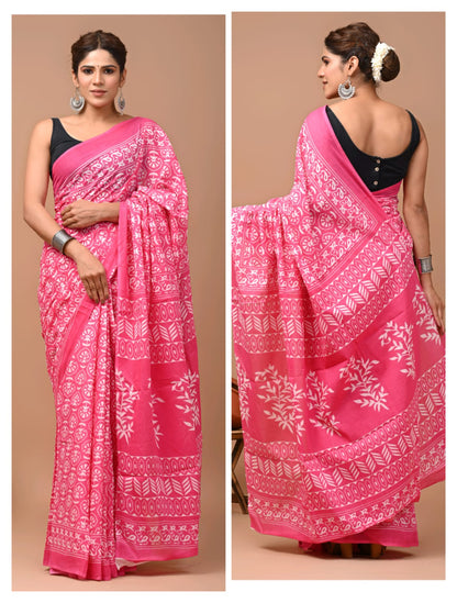 Printed Pure Cotton Mulmul Saree With Blouse