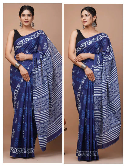 Printed Pure Cotton Mulmul Saree With Blouse