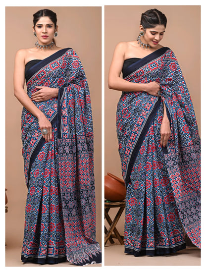 Printed Pure Cotton Mulmul Saree With Blouse