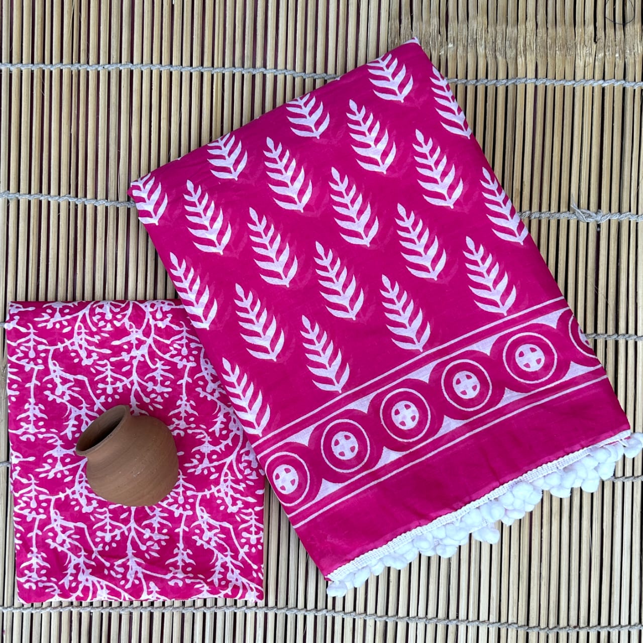 Printed Pure Cotton Mulmul Saree With PomPom Lace