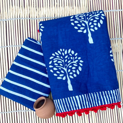 Printed Pure Cotton Mulmul Saree With PomPom Lace