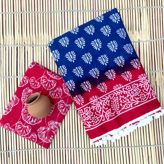 Printed Pure Cotton Mulmul Saree With PomPom Lace