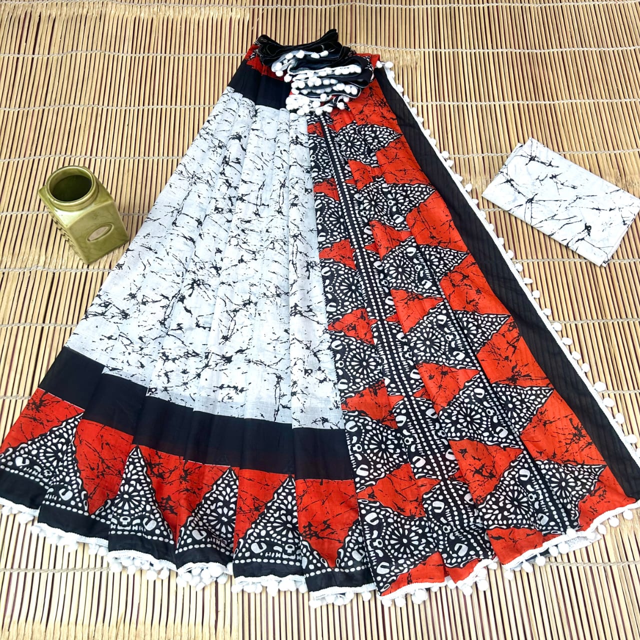 Printed Pure Cotton Mulmul Saree With PomPom Lace