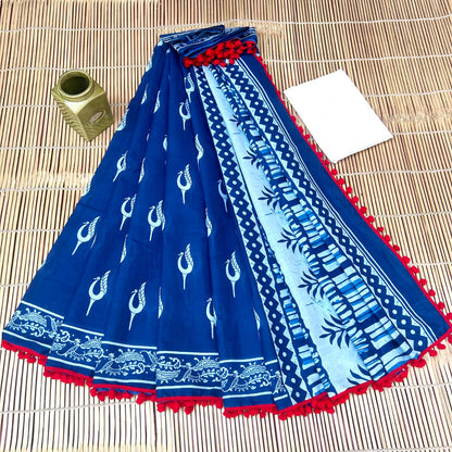 Printed Pure Cotton Mulmul Saree With PomPom Lace