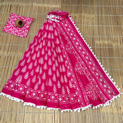 Printed Pure Cotton Mulmul Saree With PomPom Lace