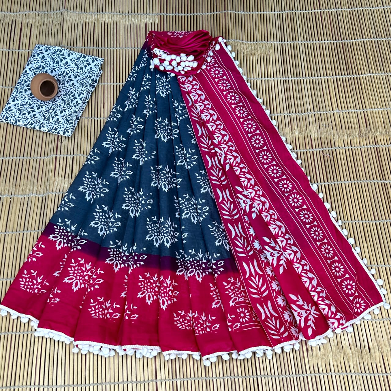 Printed Pure Cotton Mulmul Saree With PomPom Lace