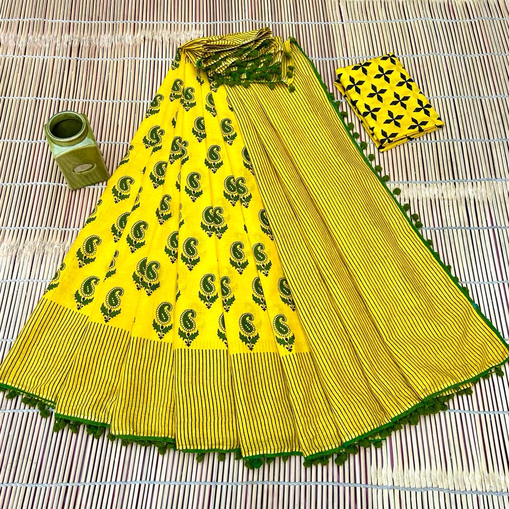 Printed Pure Cotton Mulmul Saree With PomPom Lace