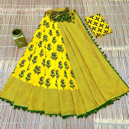 Printed Pure Cotton Mulmul Saree With PomPom Lace