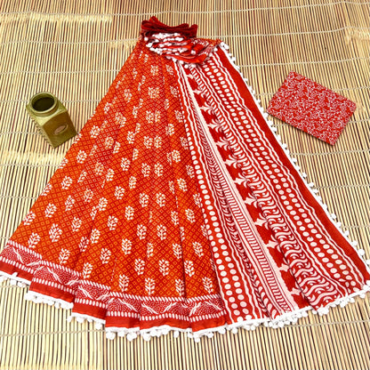 Printed Pure Cotton Mulmul Saree With PomPom Lace