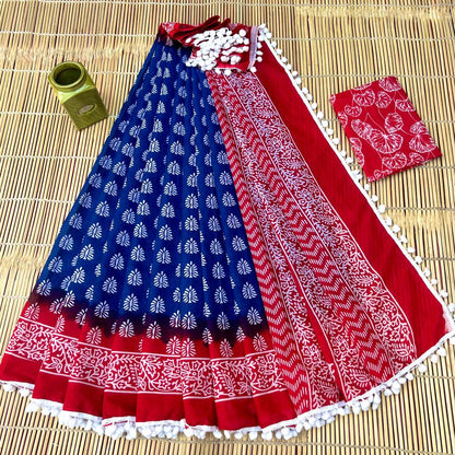 Printed Pure Cotton Mulmul Saree With PomPom Lace