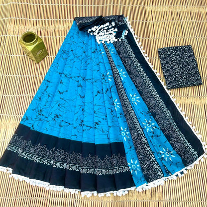 Printed Pure Cotton Mulmul Saree With PomPom Lace