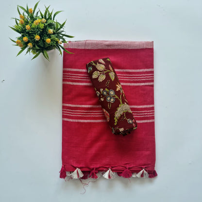 Crimson Linen Saree with Flower Print Blouse