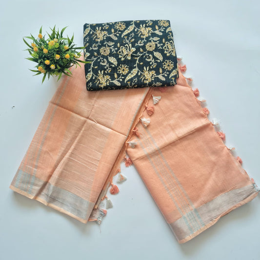 Cotton Linen Saree With Classic Print Blouse
