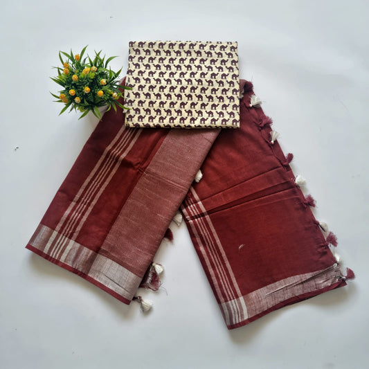 Cotton Linen Saree With Classic Print Blouse